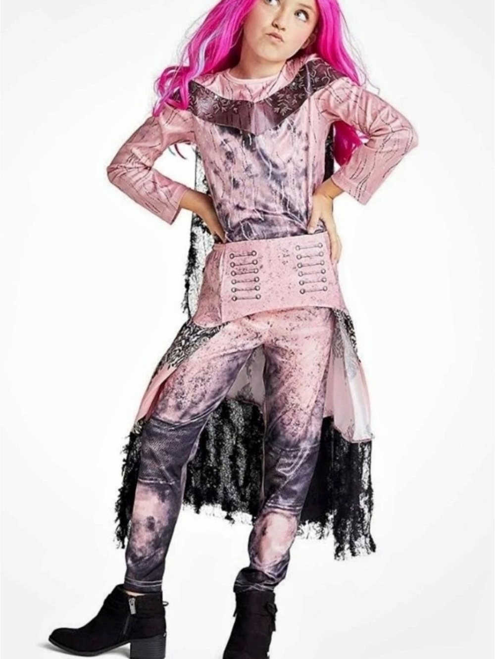 Disney Store Descendants Girls Audrey Pink 2pc Costume sz 5-6 w/matching Wig